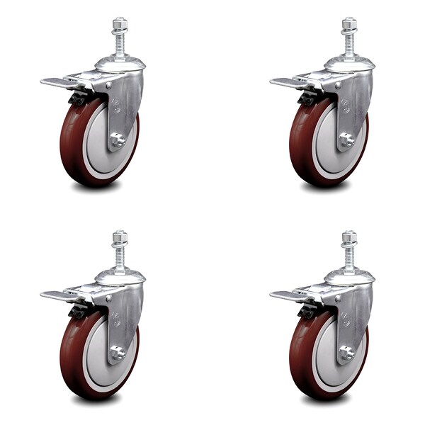 Service Caster 5 Inch Maroon Polyurethane Swivel 3/8 Inch Stem Caster Set with Total Lock Brake SCC-TSTTL20S514-PPUB-MRN-381615-4 - main